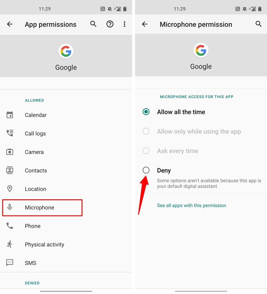 disable microphone permissions for google app 1